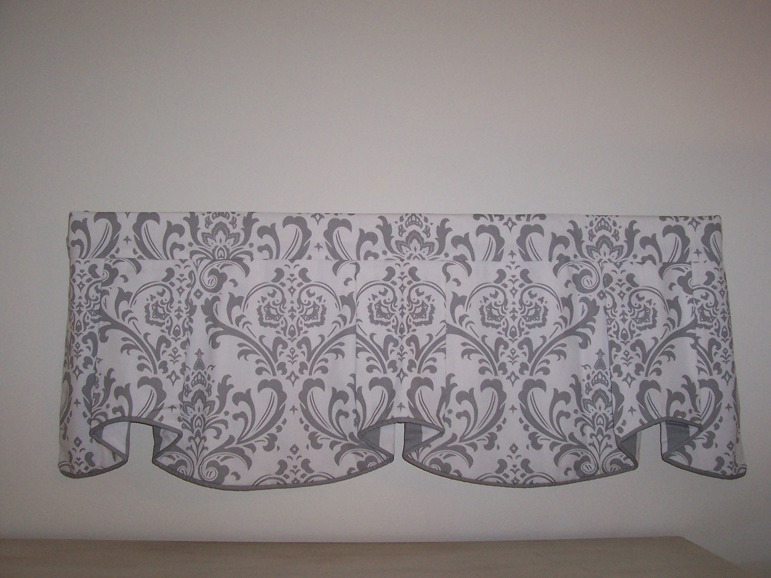 Custom Gray and White Damask & Canopy Stripe Cafe Valance