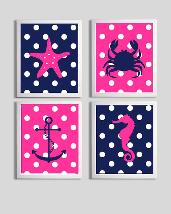 Nursery Art Polka Dot Beach Ocean Sea Hot Pink Navy more