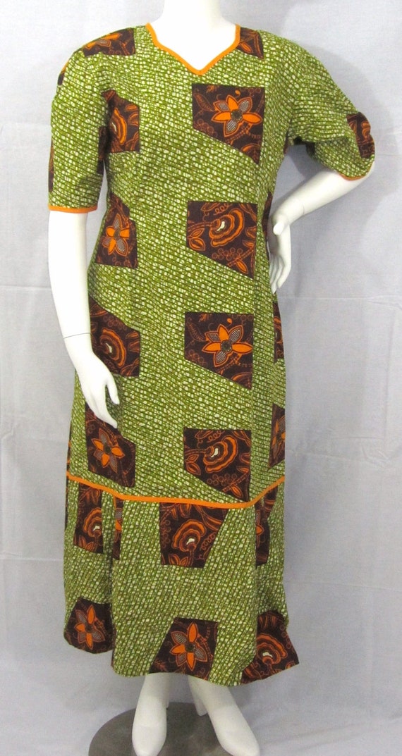 Burnt orange and olive green African print dress size L US