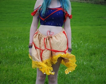 Adult Snow White costume, Cosplay luxury tattered silk fairytale top and skirt, Blue & yellow zombie Disney princess dress
