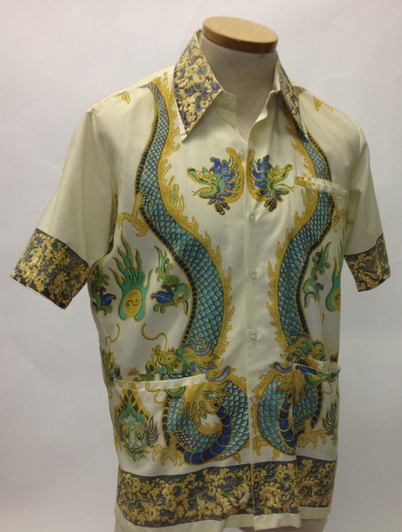 Men s Vintage  Batik  Shirt Dragon Motif 