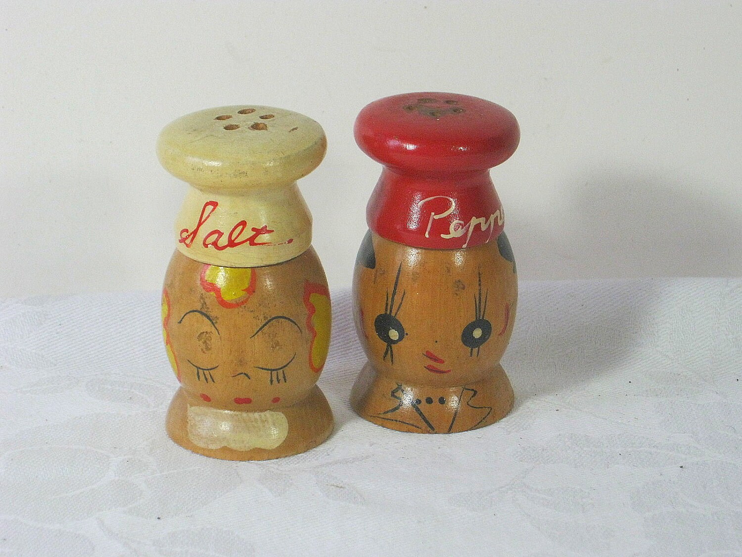 SALE Vintage CHEF SHAKERS Salt & Pepper Wood Shaker His : Her