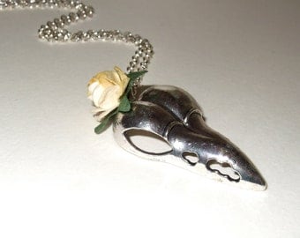 Bird Skull Necklace, Gothic Skull Jewelry, Yellow Rose, Rose and Skull, Lemon Yellow Rose, Flower Skull, Halloween Jewelry, Silver Bird Head