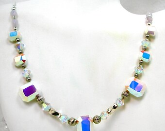 Swarovski Chalk AB Necklace, Sterling Silver, Pink Crystals & White Glass Pearls, Bridal Necklace