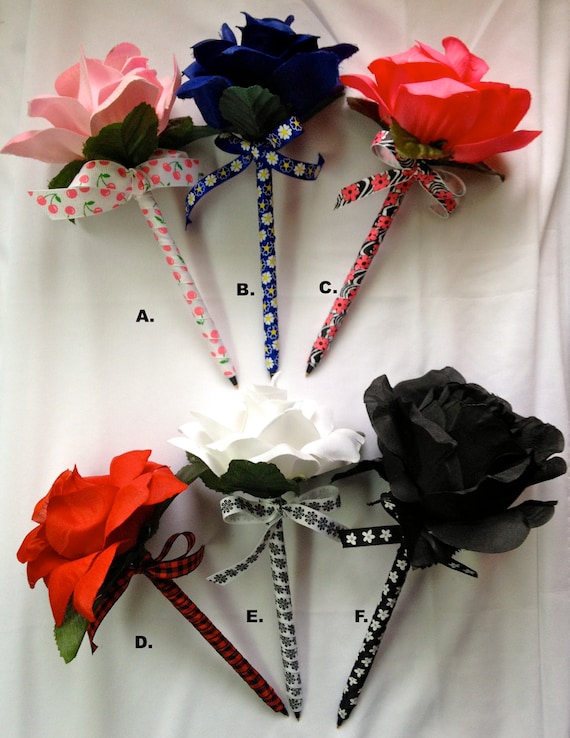 Ribbon wrapped flower pens with many patterns by RestlessOldLady