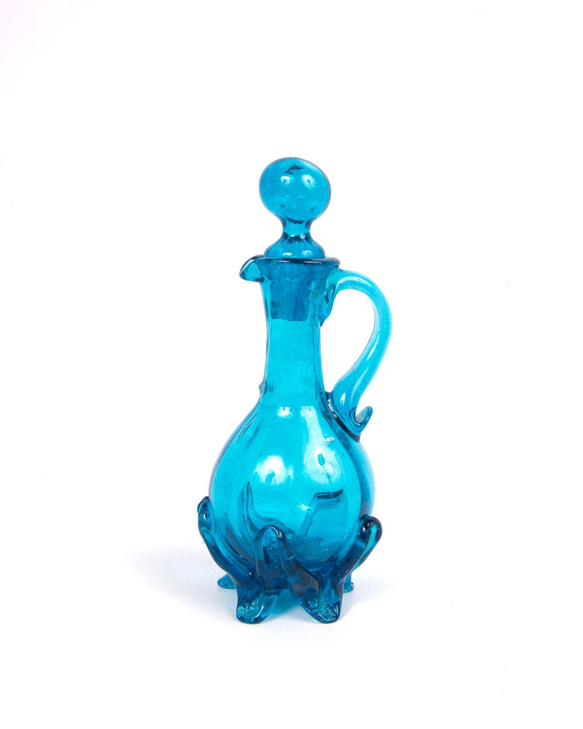 Vintage Teal Blue Cruet Hand Blown Art Glass Decanter Pitcher