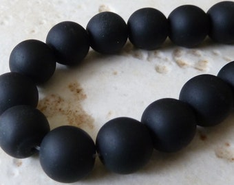 10mm Black Matte Sea Glass Round Beads - 8 Inch Strand - Opaque Frosted Beach Glass - BE33