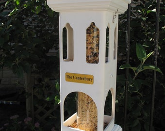 White PVC tube bird feeder.durable,decorative affordably priced - long lasting - hand made in USA. ez2 fill, ez2 clean -Canterbury