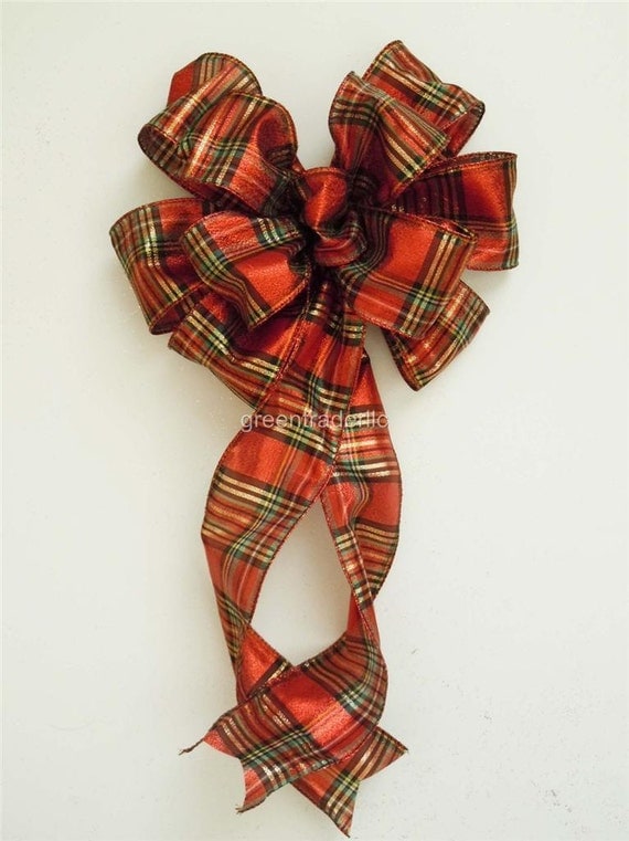 Scottish Tartan Christmas Wreath Bow Red Gold Plaid Christmas Door Swag