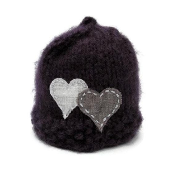 Deep Plum Twin Heart Knitted Baby Hat Newborn Photo Prop