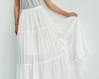 NO.5 Off-White Cotton Gauze, Hippie Gypsy Boho Tiered Long Peasant Skirt
