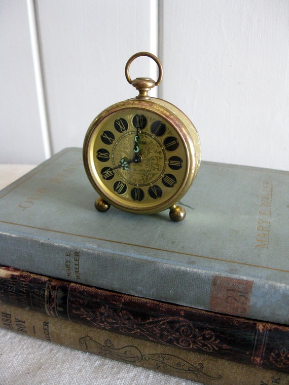 Antique Travel Alarm Clock Brass Europa 2 Jewels Vintage