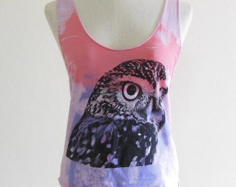 Owl Bird Face Animal Style Owl Tank Pink And Violet Dyed Fabrics funny tees cropped tee women crop tshirt Owl T-Shirt Screen Print Size S