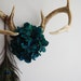 Deer Antlers with Flowers & Peacock Feathers - Wall Hanging Taxidermy 7 Point Rack Home Decor Teal Hydrangea Jewelry Necklace Holder