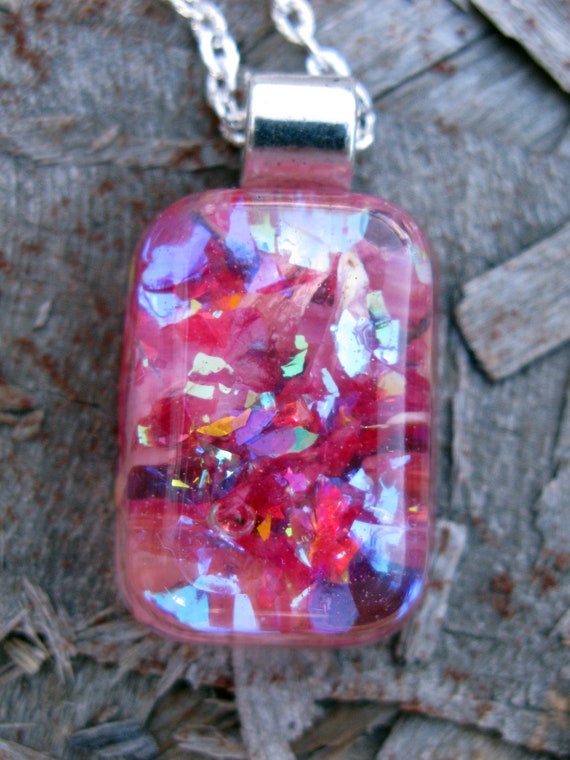 Rose Petals and Glitter Resin Pendant encased in resin