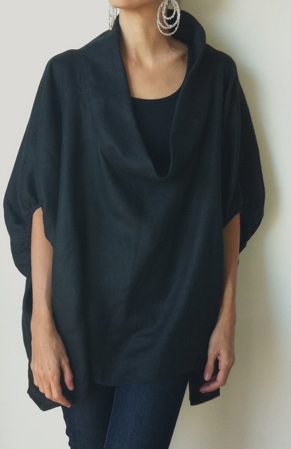 Black linen smock frock / top. Plus size and maternity scoop