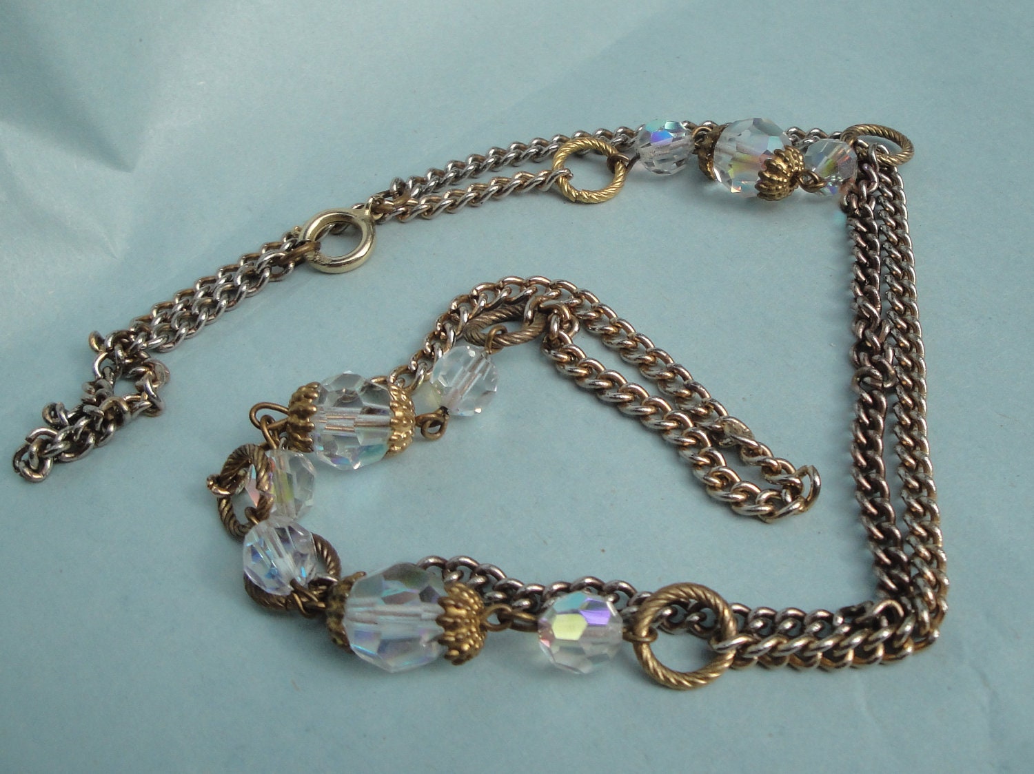 Vintage necklace or bracelet Crystal AB gold tone unsigned 1960s long