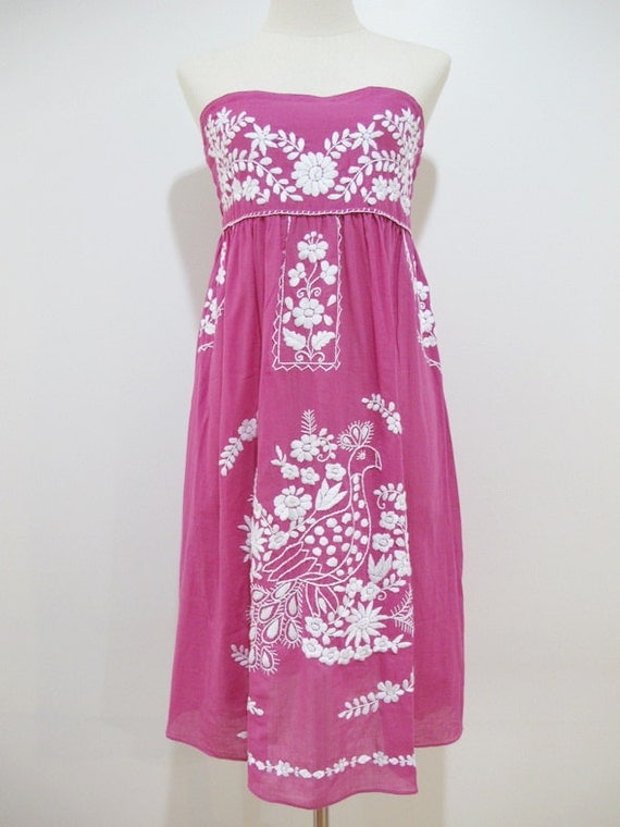 Mexican Embroidered Sundress Cotton Strapless Dress With