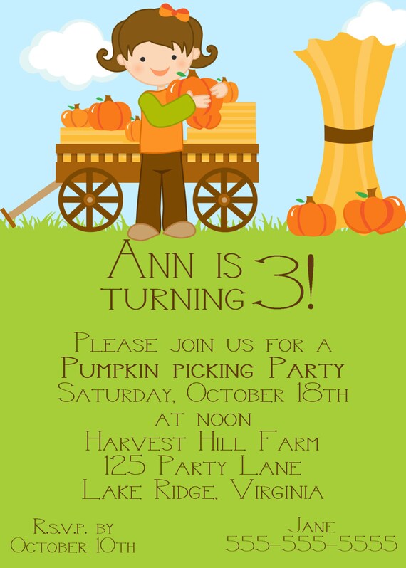 Printable Girl Pumpkin Picking Invitation - Brown Hair Il_570xn