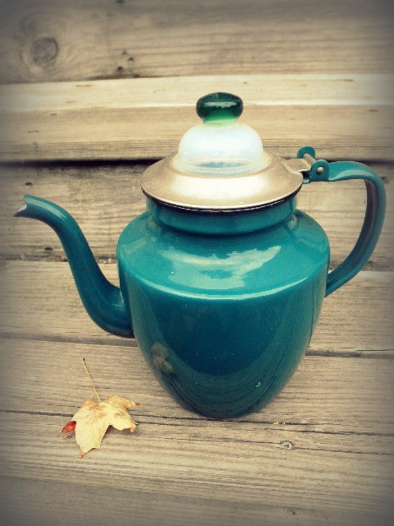 Rare Vintage French Teal Enamel Coffee or Tea Pot with