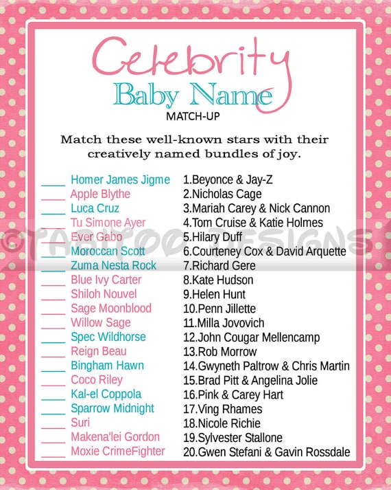 Celebrity Baby Name Match Up Game Baby Shower PRINTABLE