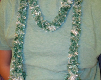BOA EYELASH YARN Scarf Can Be Worn as Belt. Green and White and White with Orange Metalic