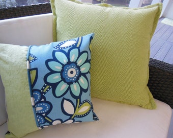 Blue Pillow - Large Flower Pillow - Kiwi Green Pillow - Designer Pillow - Reversible Pillow - 15 x 15 Inch Pillow - Pillow Insert Included
