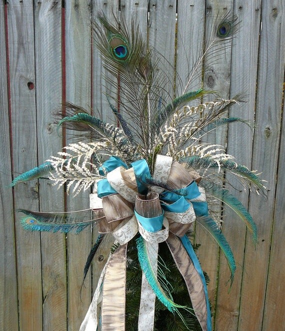 christmas tree topper peacock feather bow platinum teal christmas tree topper peacock feather bow platinum teal