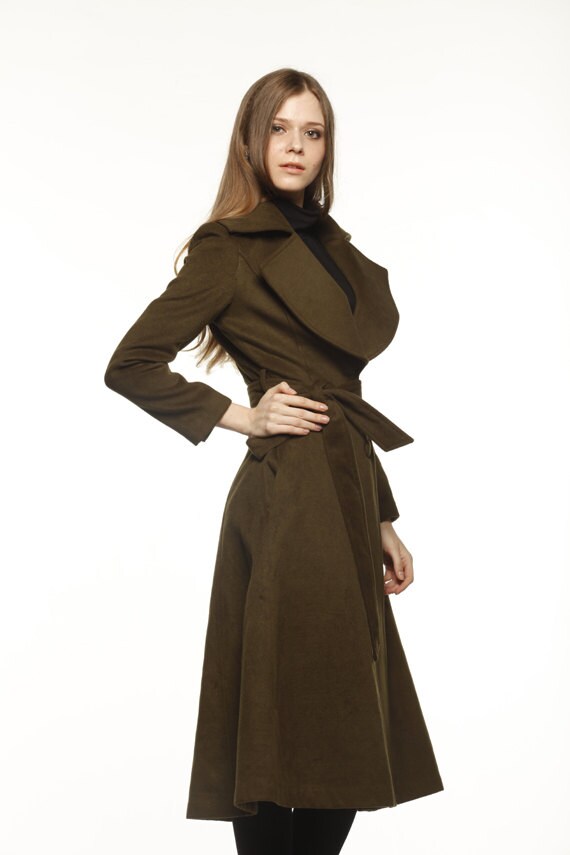Army Green Coat Big Lapel Women Wool Winter Coat by Sophiaclothing
