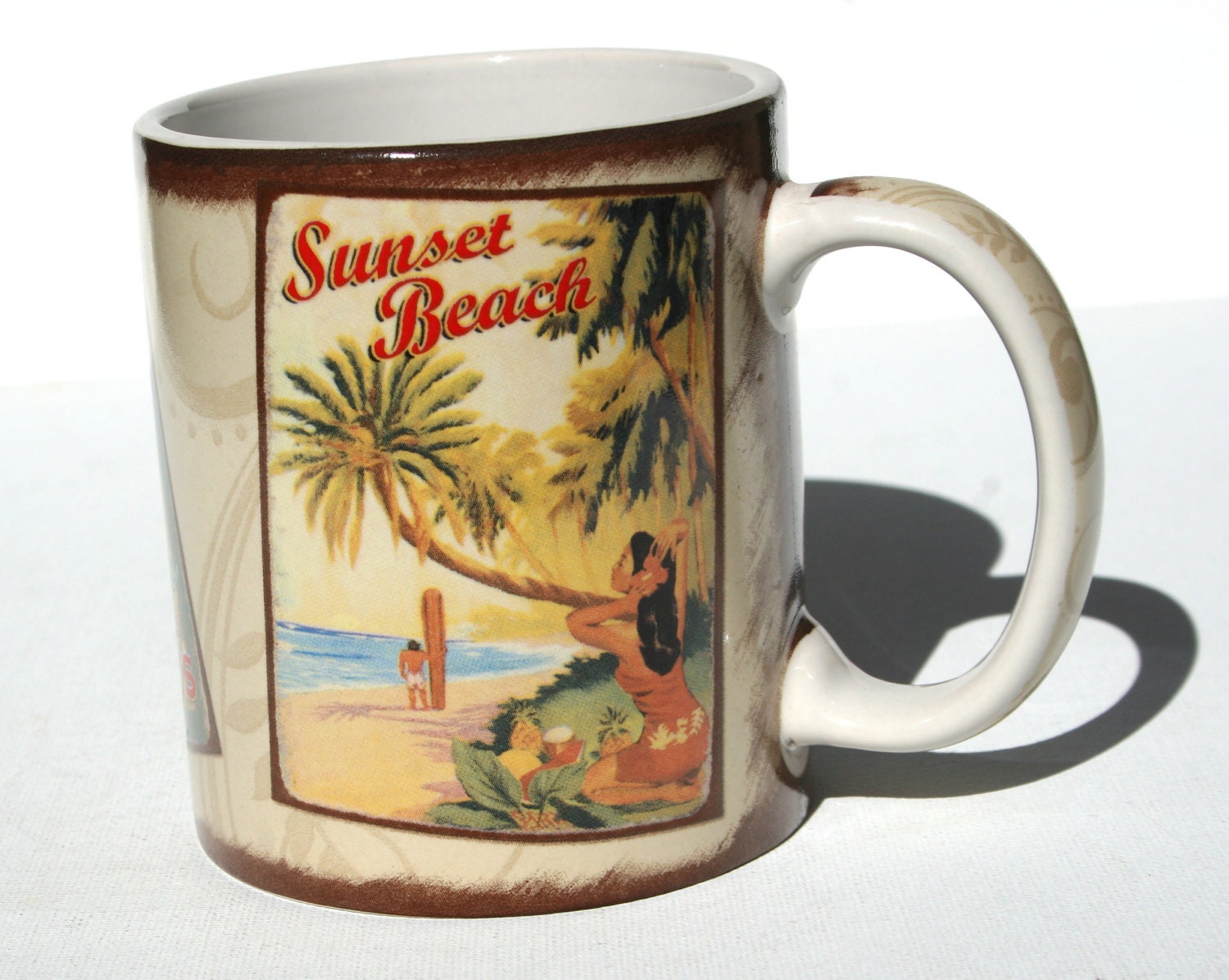Vintage Paintings Hawaii Coffee Mug with Surfer Board Beach