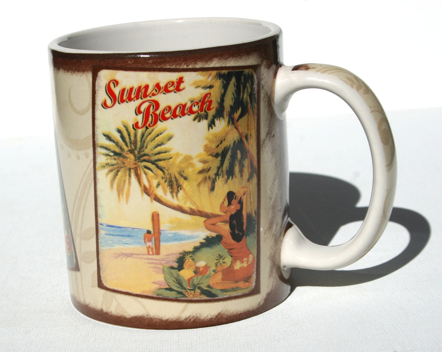 Vintage Paintings Hawaii  Coffee Mug  with Surfer Board Beach