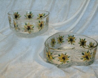 SUNFLOWER CANDY DISHES, heart shaped, set of two