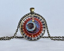 ASTRONOMICAL STEAMPUNK CLOCK Pendant Burgundy Blue Gold Zodiac Clock Astrological Clock Astronomy Pendant Not an Actual Clock