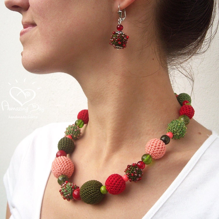 Unique Crochet NECKLACE seed beaded. Red Green Pink crocheted