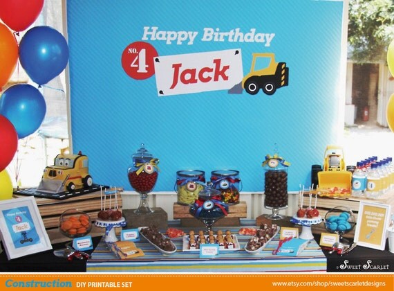 CONSTRUCTION Birthday Party Printable Set - Cupcake Toppers, Banner, Water Bottle Labels and more Il_570xn