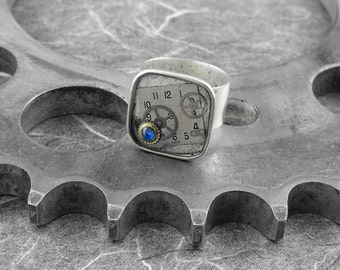 Blue Still Clock Steampunk Square Ring - Lost in Eternal Dreams by COGnitive Creations