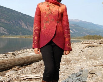 Autumn Glow Felted Jacket - Wool Felt Coat- Felt Jackets- Felted Clothing- Wet Felted Jacket- Red Felt Jacket- Red Coats- Red Felt Jackets