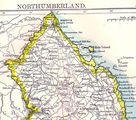 Northumberland County England Map Antique Copper Engraved