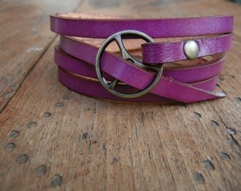 Leather Wrap Bracelet in Violet leather with Small Brass buckle