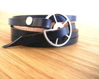 Leather Wrap Bracelet in Navy Blue leather with Large Silver buckle