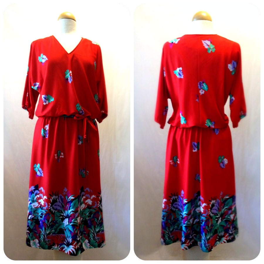 Red Floral Dress by JCPenney Fashions 1970s Vintage Dolman