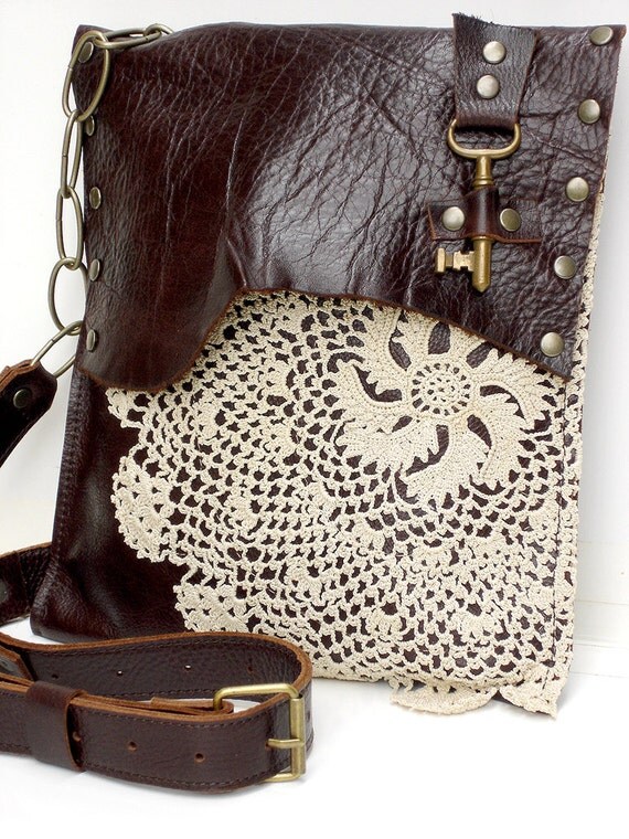 Leather Boho Messenger Bag with Crochet Doily by UrbanHeirlooms