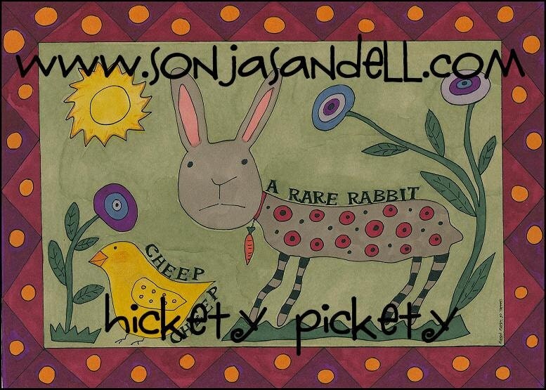 Primitive Folk Art Painting Rabbit Bunny Chick Flowers