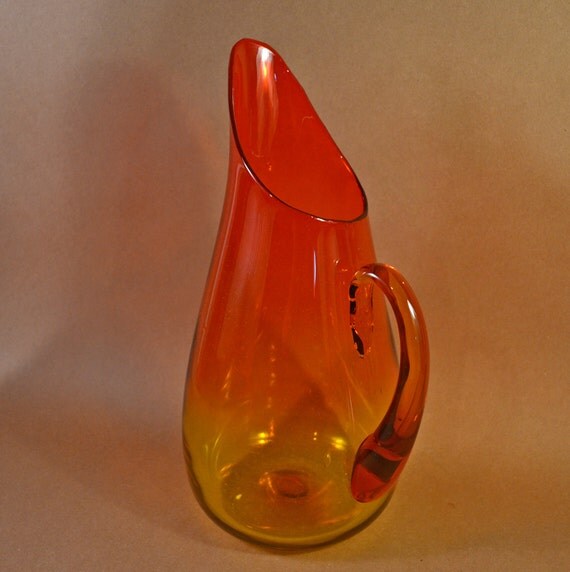 Gorgeous Vintage Blenko Glass Pitcher In Amberina Orange And 7129