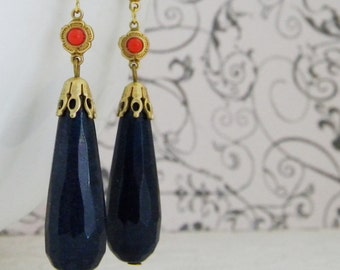 Midnight Blue Coral Jade Deco Earrings