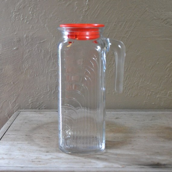 Vintage Clear Juice Pitcher with Red Lid Italy