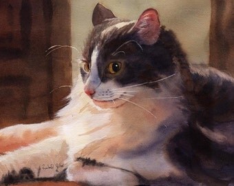 White Grey Gray Tabby Cat Art Print of my watercolor painting