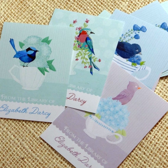 Personalized Bookplates Birds & Teacups Bookplates Set of 18 in blue greens and violets by Stephanie Fizer Coleman