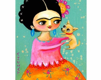 Frida Kahlo Chihuahua puppy folk art PRINT of an original painting by tascha 5x7