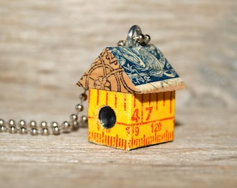 Funky Little BirdHouse House Necklace Charm Pendant Keychain- Measuring Up Metric - Art By Heather - Ready To Ship